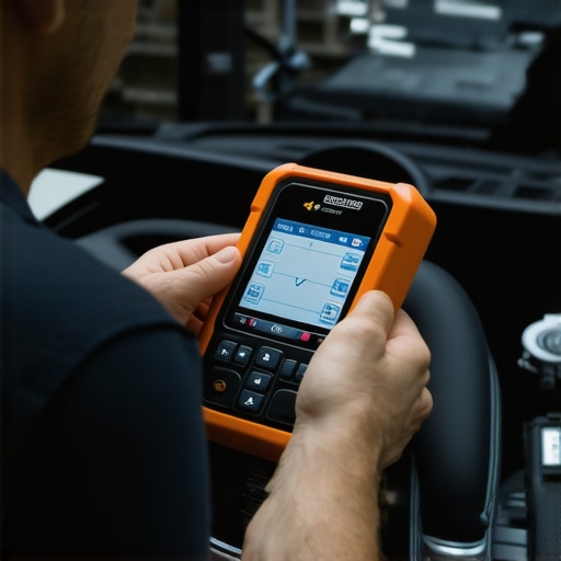 A mechanic scanning a vehicle's engine diagnostics on a tablet connected to an OBD-II port
