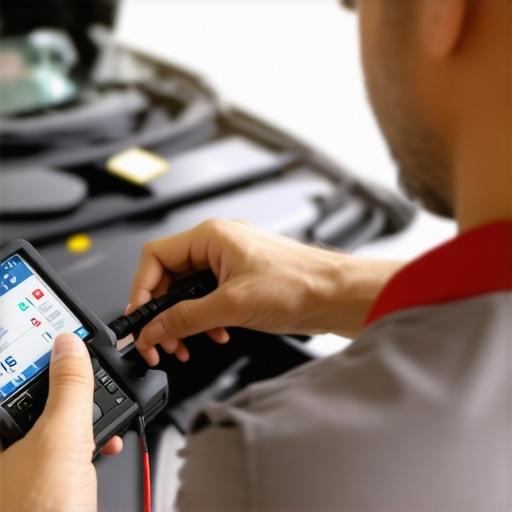 Technician calibrating sensors in a modern auto repair shop