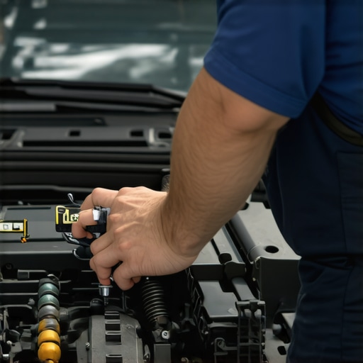 Technician calibrating modern vehicle sensors in a repair shop