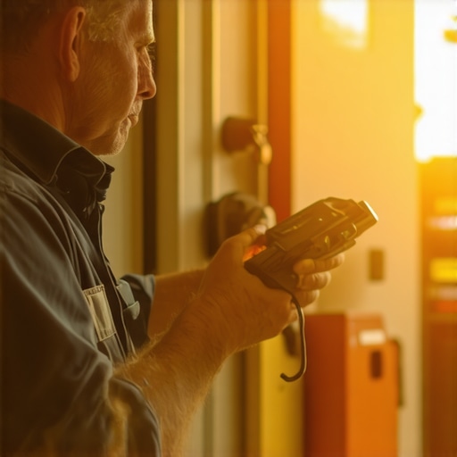 An auto mechanic analyzing vehicle data with a modern OBD-II scanner in a garage setting.