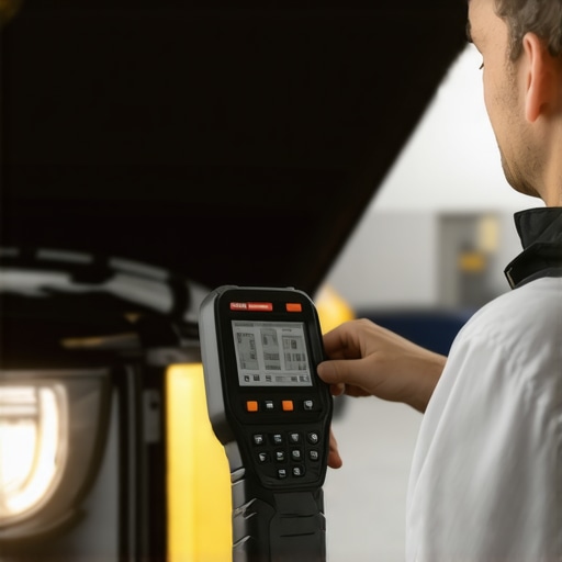 Auto technician diagnosing vehicle systems with advanced tools Technician using diagnostic equipment to monitor car systems in a modern repair shop.