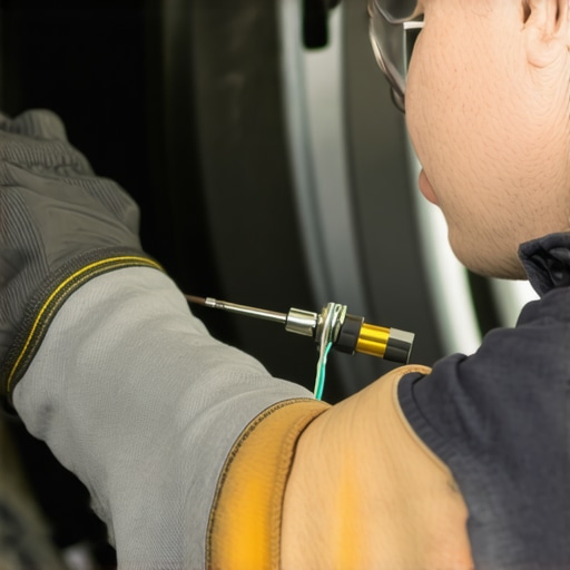 Technician examining brake sensors and wiring under a vehicle after minor collision