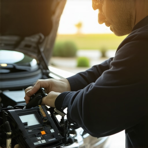 Mechanic performing diagnostics using high-tech scanner in a garage