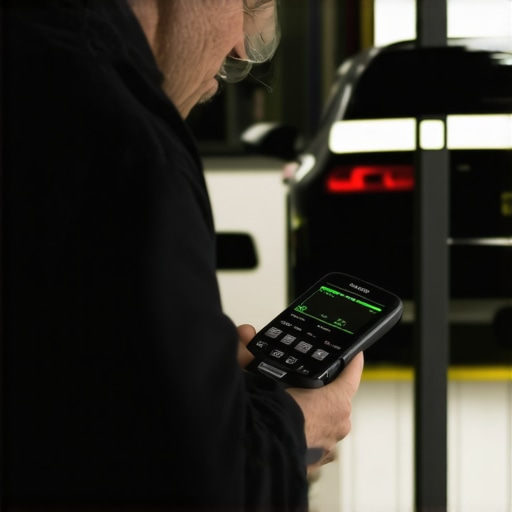 Mechanic using diagnostic scanner for vehicle health check