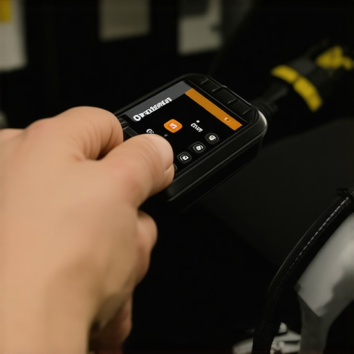 Mechanic connecting a diagnostic scanner to a vehicle's OBD port to check safety system status.