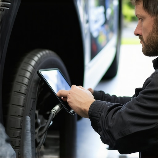 Mechanic performing deep vehicle diagnostics with a touch screen device.
