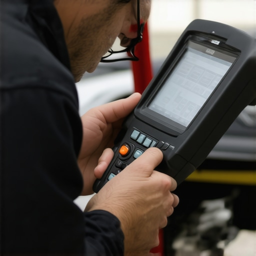 Automotive Sensor Calibration for 2026 Vehicles Technician calibrating car sensors using diagnostic tools in a well-lit garage.