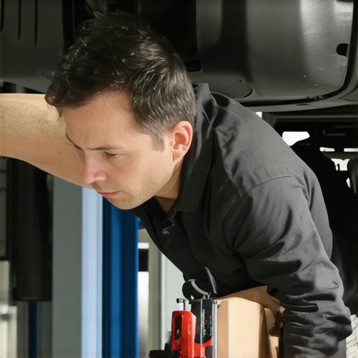 Mechanic using diagnostic tools to check car transmission system