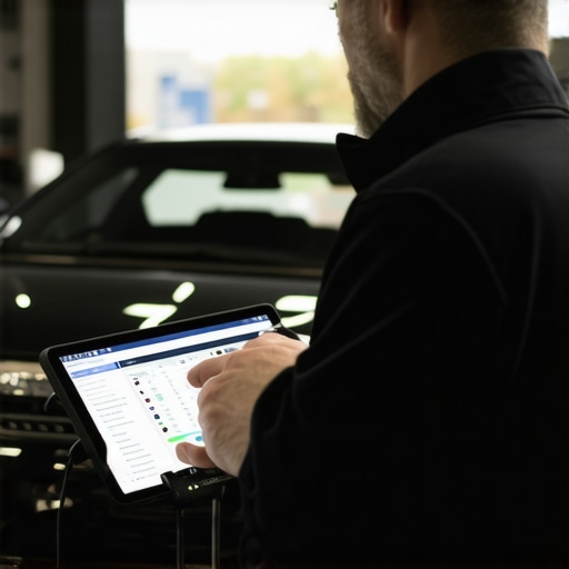 Mechanic using diagnostic tools for vehicle calibration. Mechanic diagnosing a vehicle with an OBD-II scanner and calibration software.
