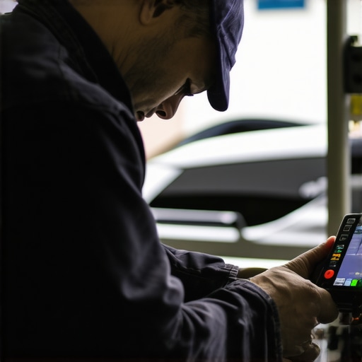 Professional Diagnostic Equipment in Action Mechanic inspecting car's electronic systems with diagnostic tools