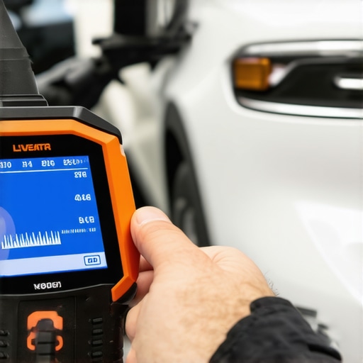 Mechanic using a diagnostic scanner connected to a vehicle's port to analyze engine data.
