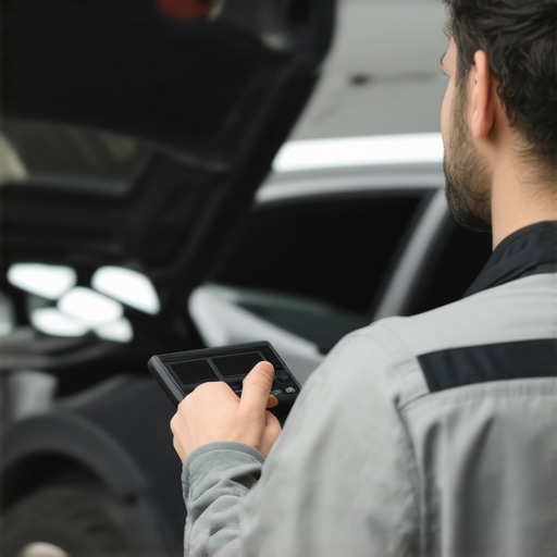 Auto Technician Using Diagnostic Tool Technician performing diagnostic scan on a modern vehicle in workshop.
