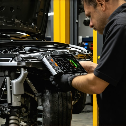 Mechanic performing software diagnostics on a 2026 transmission system.