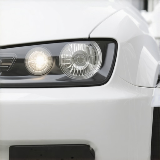Mechanic inspecting car sensors near the bumper.