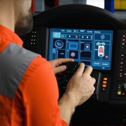 A mechanic performing diagnostics on a car with modern electronic systems.