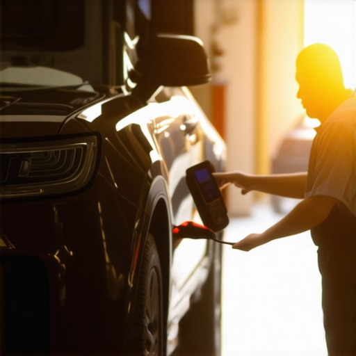 Using a diagnostic scanner for vehicle maintenance A person inspecting a car's OBDII port with a Bluetooth scanner for transmission diagnostics.