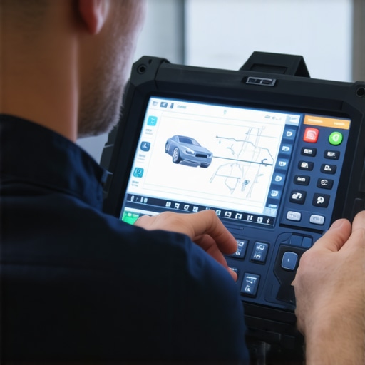 Mechanic inspecting a car's electronic control module with diagnostic equipment.