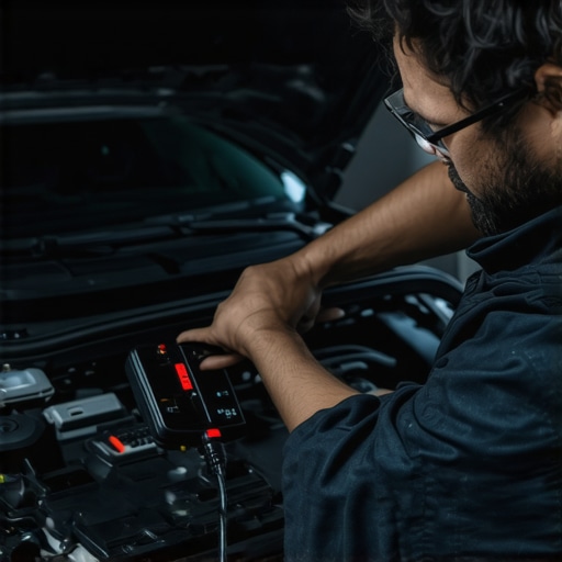 Mechanic performing diagnostic tests on a car engine using modern tools