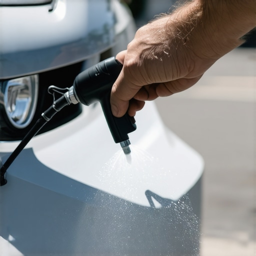 Person spraying clear coat on car bumper outdoors