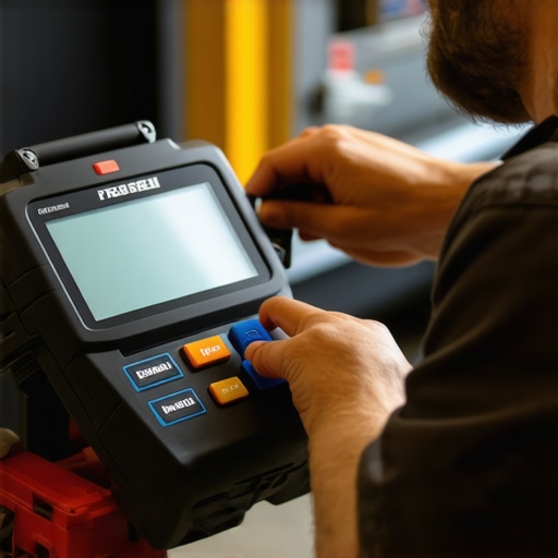 Mechanic using advanced diagnostic tools on a car's electronic control unit during maintenance.