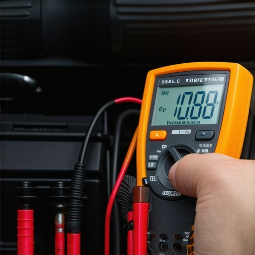 Automotive Multimeter in Use A person testing car electrical system with a digital multimeter