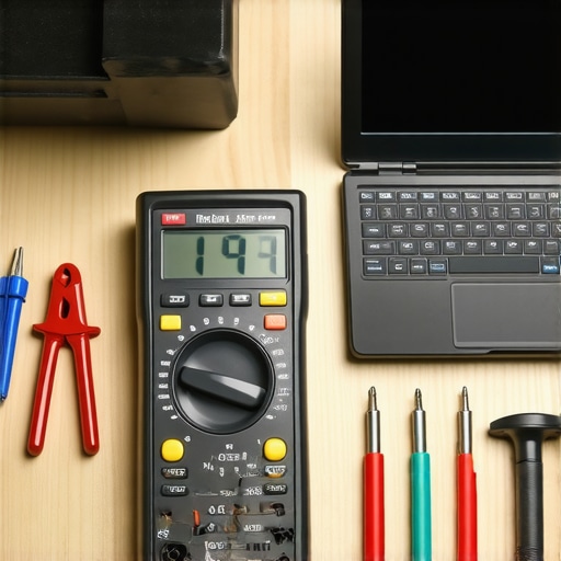 Automotive Tools for Long-Term Maintenance Close-up of digital multimeter, brake bleeder kit, and maintenance app interface on a laptop