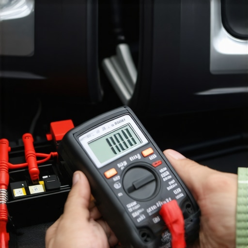 Person testing car battery voltage with a multimeter in a repair shop