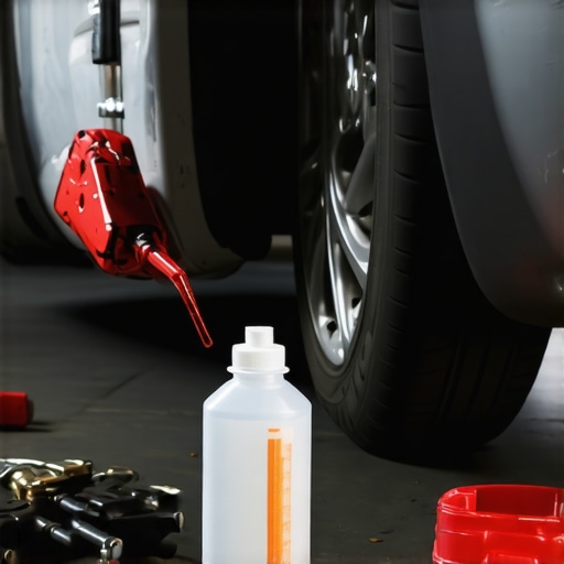 Car owner bleeding brake fluid from the wheel using a wrench and hose in a garage setting.