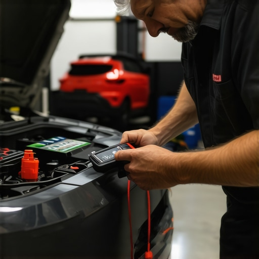 Mechanic diagnosing vehicle electrical system with professional tools.