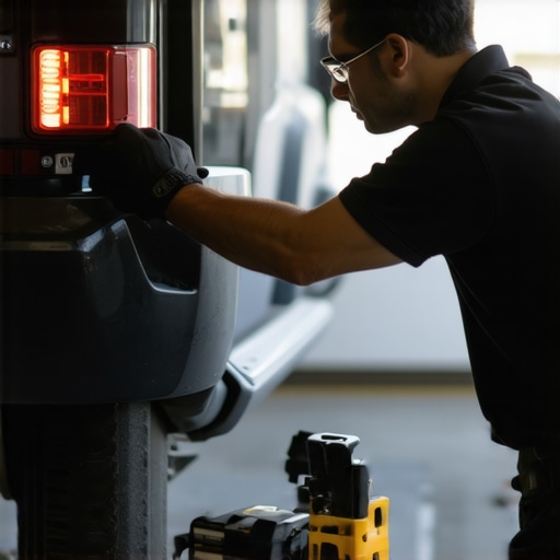 Technician adjusting a backup camera on a car in a workshop