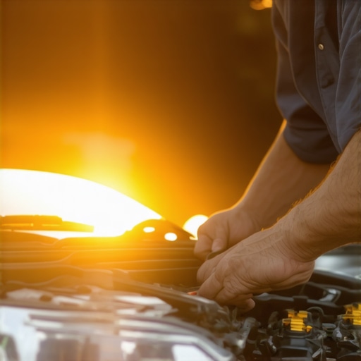 Person examining engine mounts in a car engine bay during daytime