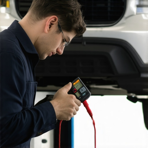 Mechanic testing car battery with multimeter in workshop.