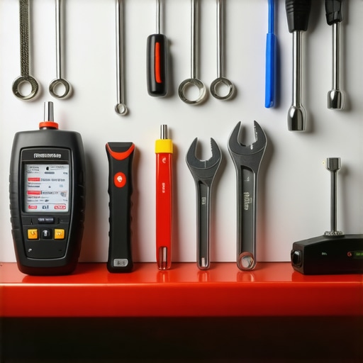 Tools for car diagnostics and maintenance laid out on a workbench.
