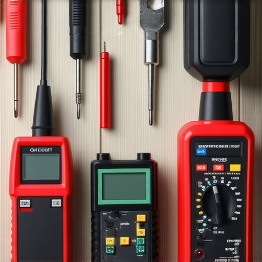 Set of automotive diagnostic tools including scan tool, multimeter, impact wrench, and bore scope camera