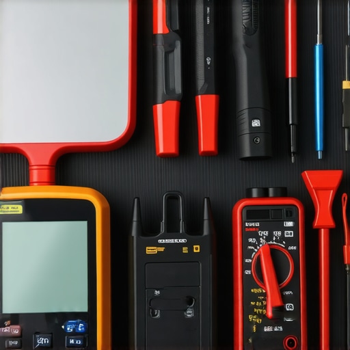 A collection of automotive diagnostic tools on a workbench, including an OBD-II scanner and multimeter.