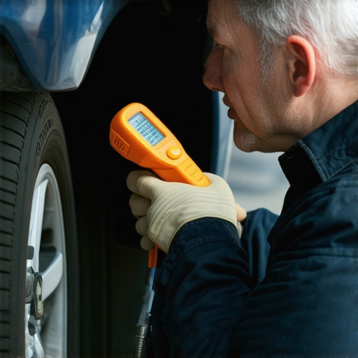 Mechanic testing a catalytic converter's temperature with an infrared thermometer