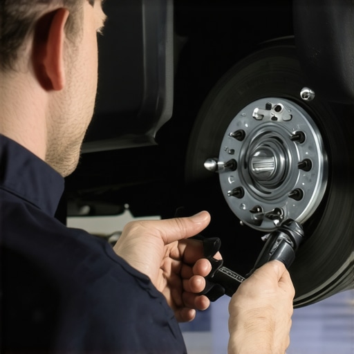 Mechanic examining brake components with professional tools