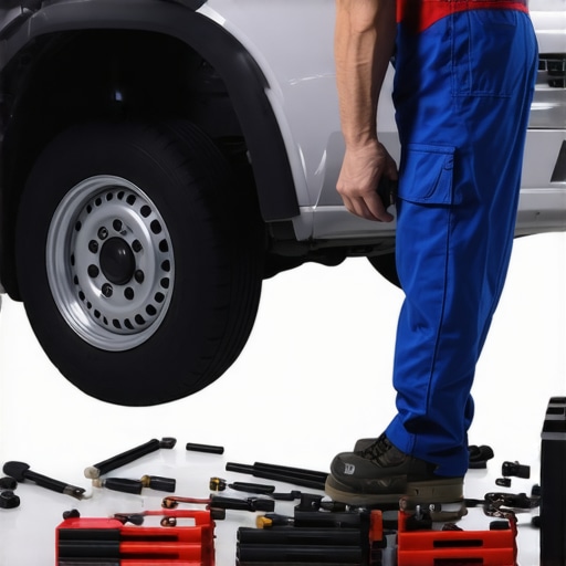 A mechanic checking a vehicle's transmission system and collision damage with diagnostic tools.