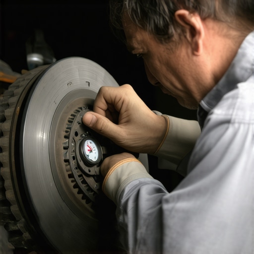Mechanic measuring brake wear with a dial gauge