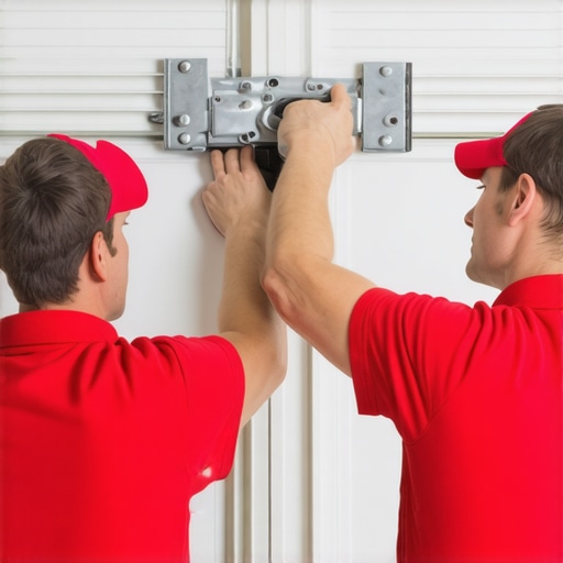 Technician adjusting garage door hinges to fix latch alignment