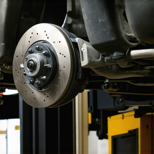 Mechanic examining brake rotors and calipers for warping and wear