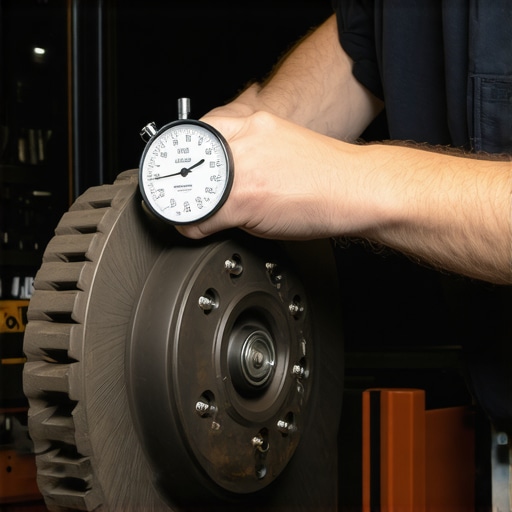 Mechanic checking brake rotor surface for unevenness with a tool.