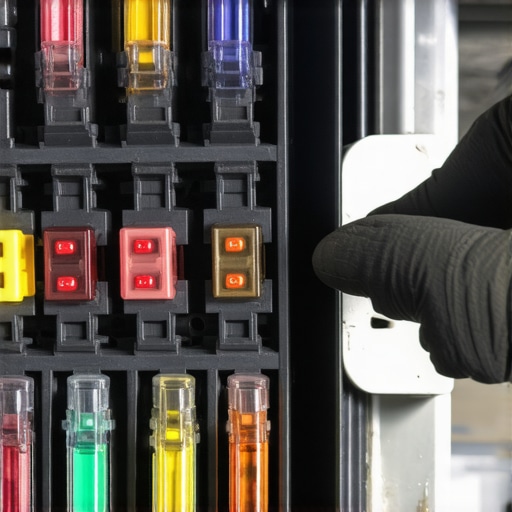 Car fuse box with highlighted fuses and technician examining it