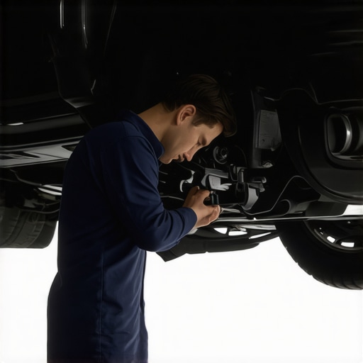Mechanic checking car suspension and brake parts in garage.
