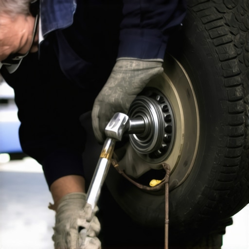 Mechanic checking car's wheel bearing for wear or damage