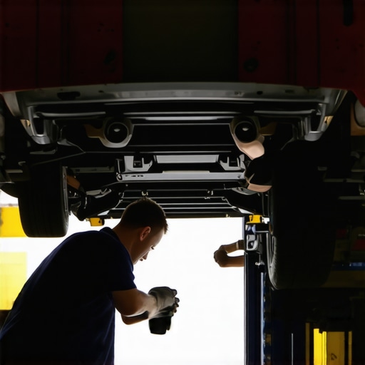 Mechanic examining exhaust pipes and catalytic converter underneath a car on a lift.