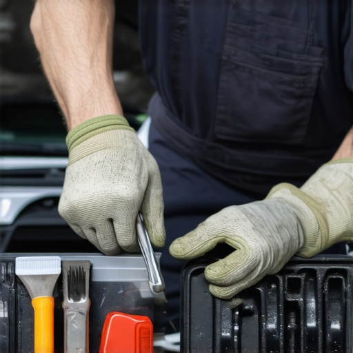Mechanic inspecting transmission fluid in a car's engine bay with a dipstick.