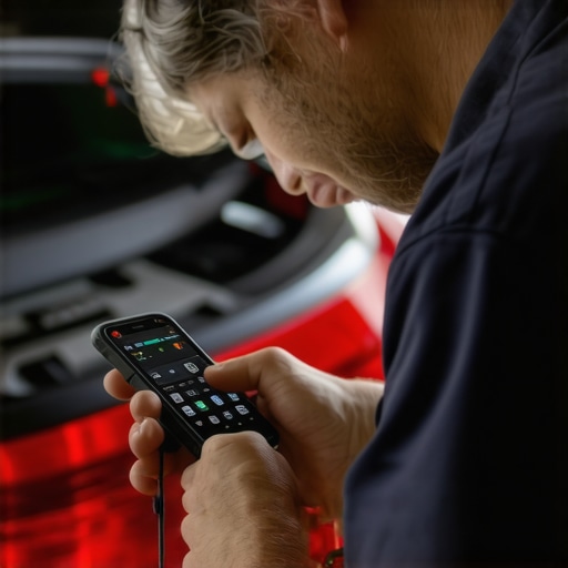 Modern Vehicle Diagnostics with OBD-II Scanner Mechanic diagnosing a car's engine using a Bluetooth OBD-II scanner connected to a smartphone.