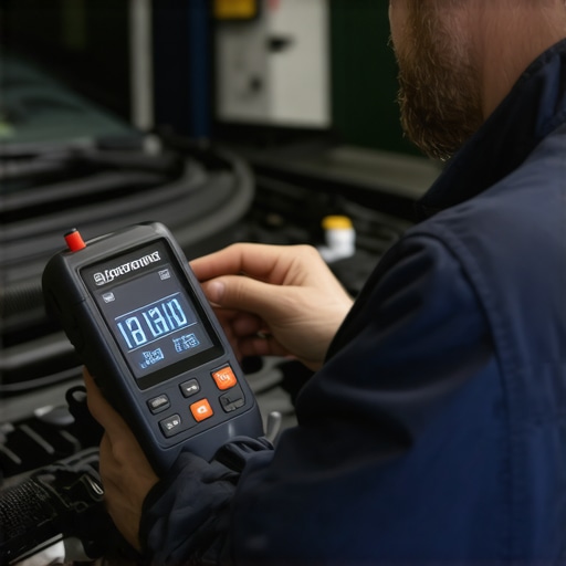 Technician analyzing car diagnostics with a high-tech scanner in a professional garage
