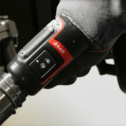 A mechanic setting a digital torque wrench on a car bolt in a workshop